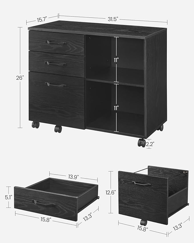 VASAGLE Lateral File Cabinet Home Office Printer Stand 3-Drawer Mobile Filing Cabinet with Open Storage Shelves for A4 Letter-Size Files Black with Wood Grain UOFC041B56