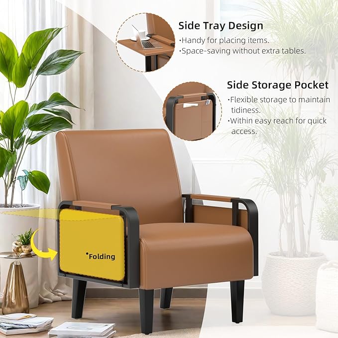 Faux Leather Accent Chairs Set of 2 Modern Upholstered Armchair with Tray Table Comfy Reading Chair for Living Room Bedroom Guest Room Brown
