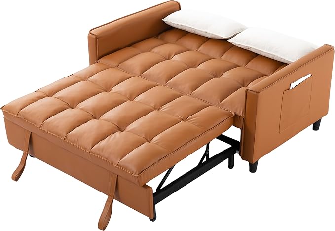 3 in 1 Convertible Sofa Bed Love Seat Sleeper Bed with Side Pockets PU Fabric Pull Out Couch with Adjustable Backrest for Living Room Bedroom Apartment Brown