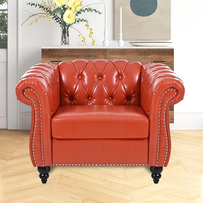 Orange Black Faux Leather Chesterfield Accent Chair with Tufted Upholstery Wingback Design &amp Club Style for Living Room Bedroom Office Furniture