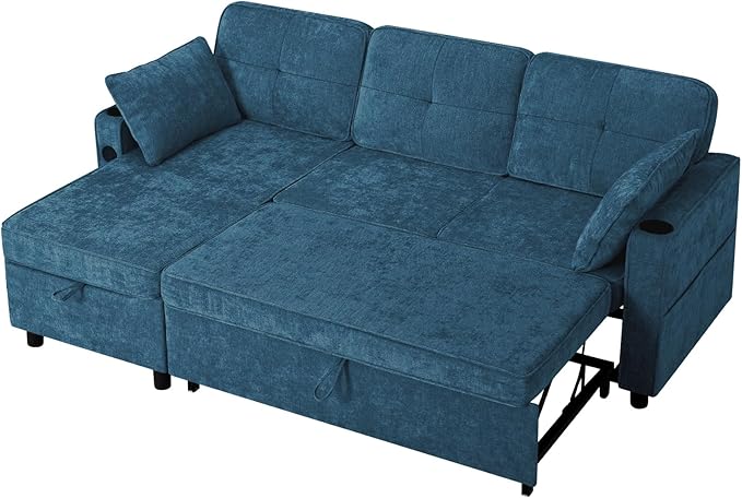84“ Chenille Sectional Sofa w/Pull-Out Sofa Bed &amp Adjustable Backrest Tufted L-Shaped Couch w/Storage Chaise Sleeper Sofa w/USB Port &amp Cup Holders for Living Room Blue
