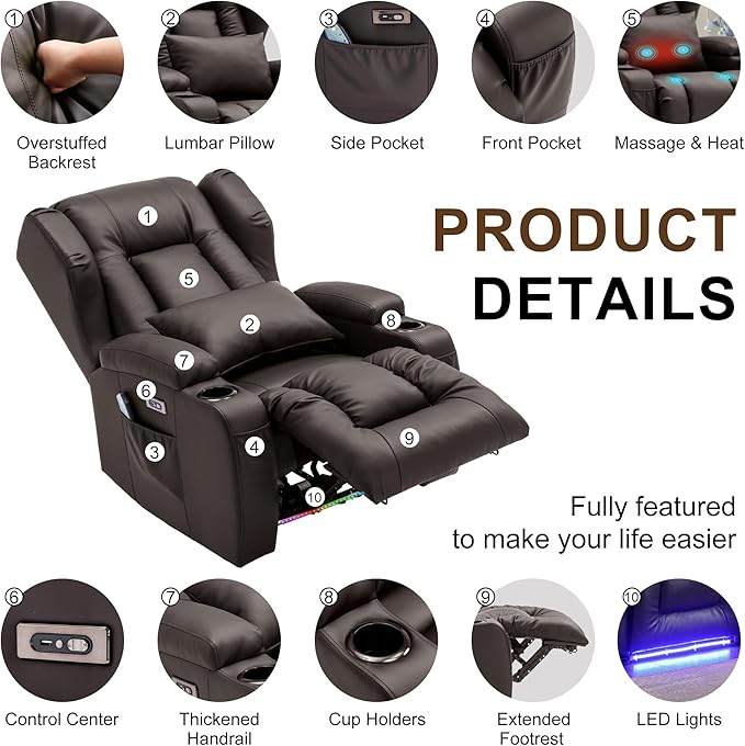 DRMBOOK Power Recliner Chair Electric Wall Hugger Reclining Sofa with Massage &amp Heat Overstuffed Theater Seating with LED/USB Port/Cup Holders for Living Room (Leather Brown 2 Chairs)