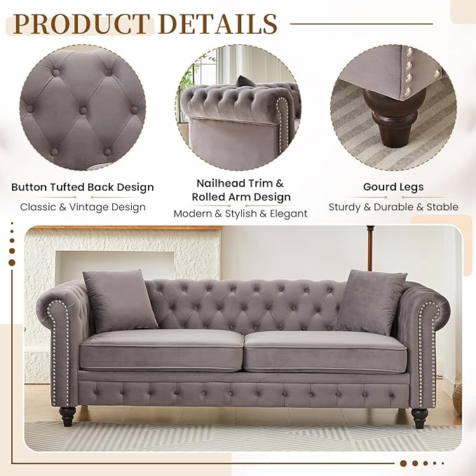 2 Piece Living Room Sofa Set Velvet Button Tufted Couch and Loveseat Set with Nailhead Trim&ampRoll Armrests Mid Century Modern Chesterfield Sofa for Living Room Office(Loveseat+3 Seater Light Gr