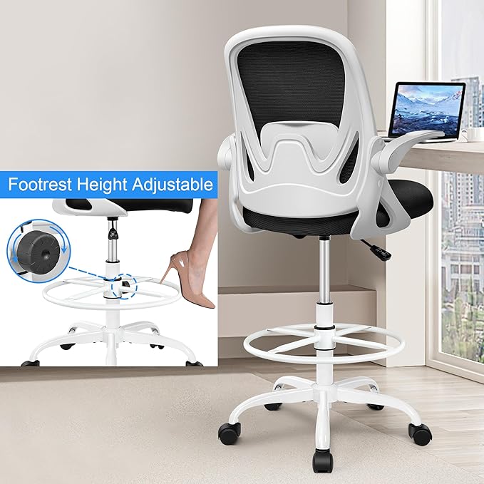 Drafting Chair Tall Office Chair with Flip-up Armrests Adjustable Height and Enhanced Lumbar Support - Ergonomic Rolling Stool Back Support and Adjustable Foot Rest Ring for Standing Desk White