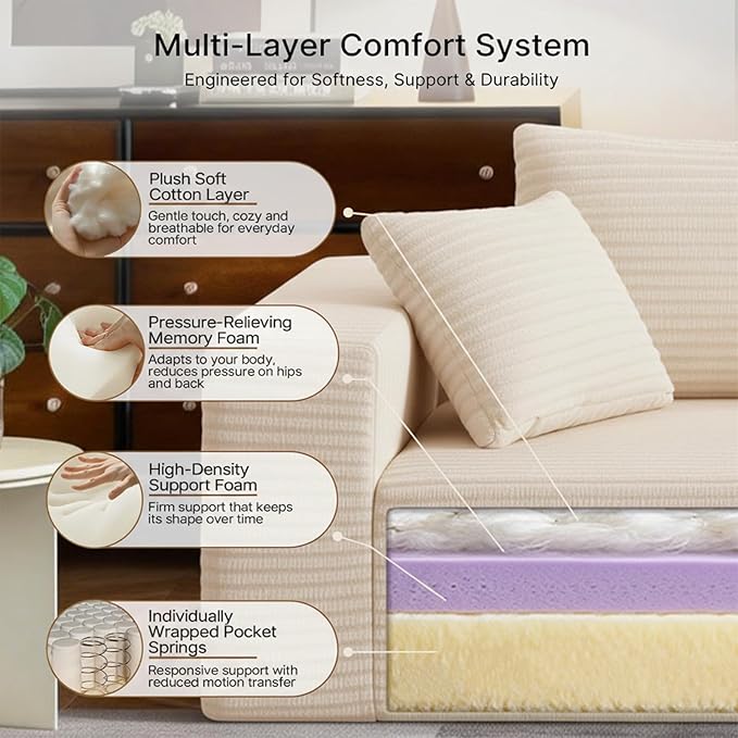 Single Cloud Sofa High Backrest Wider Armrest Foam Boneless Couch Comfy Furry Pillowed Single Seater for Small Spaces Living Room Bedroom Dorm Office（Beige）
