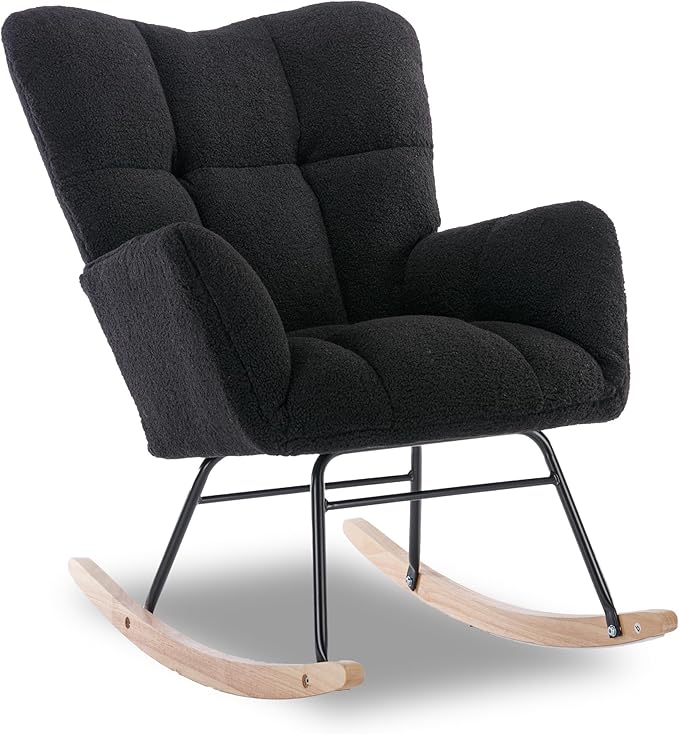 Setawix Teddy Fabric Rocking Accent ChairMid Century Modern Rocking Glider ArmchairLeisure Tufted Rocker Arm Chair for NurseryBedroomLiving Room (Teddy Black 27.6)