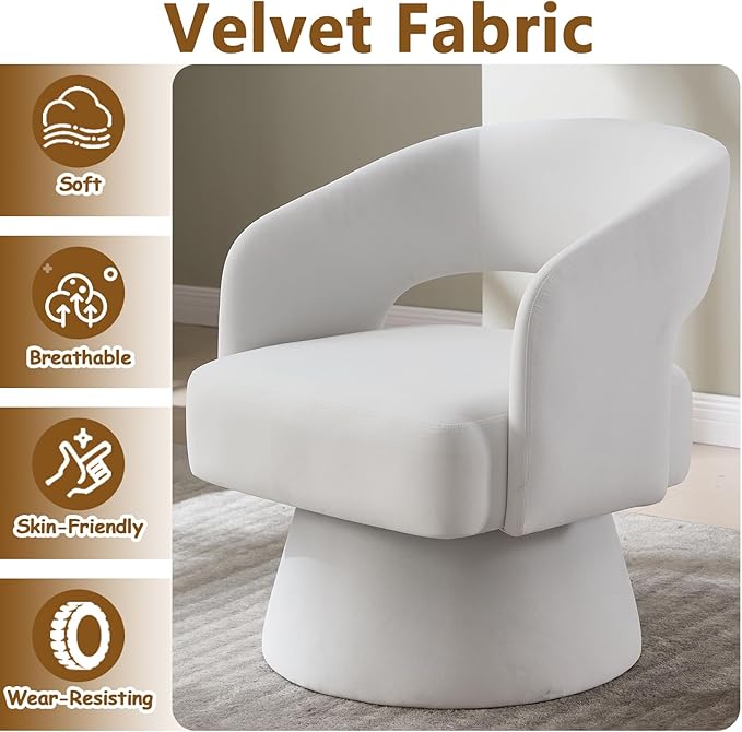Swivel Accent Chair with Arms for Living Room Swivel Barrel Chairs with Backet for Small Space Velvet Round Chair for Bedroom (White)