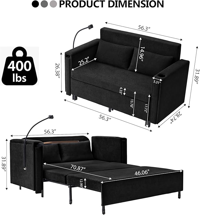 3-in-1 Convertible Sleeper Sofa Couch with Pullout Bed Loveseat Sleeper Sofa Bed with Hidden Side Table 56 Full Size Folding Futon Couch for Living Room Guest Room Apartment Home Office (Black)