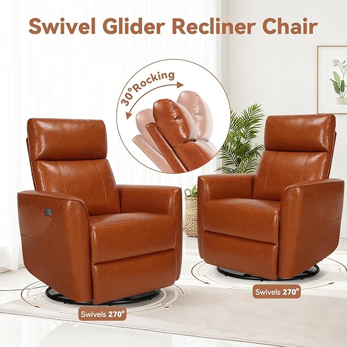 Himimi Power Recliner Chair Swivel Recliner Chair for Adults Faux Leather Single Sofa with Massage and Heat Small Space Side Pocket USB Charging Living Room Orange-Brown