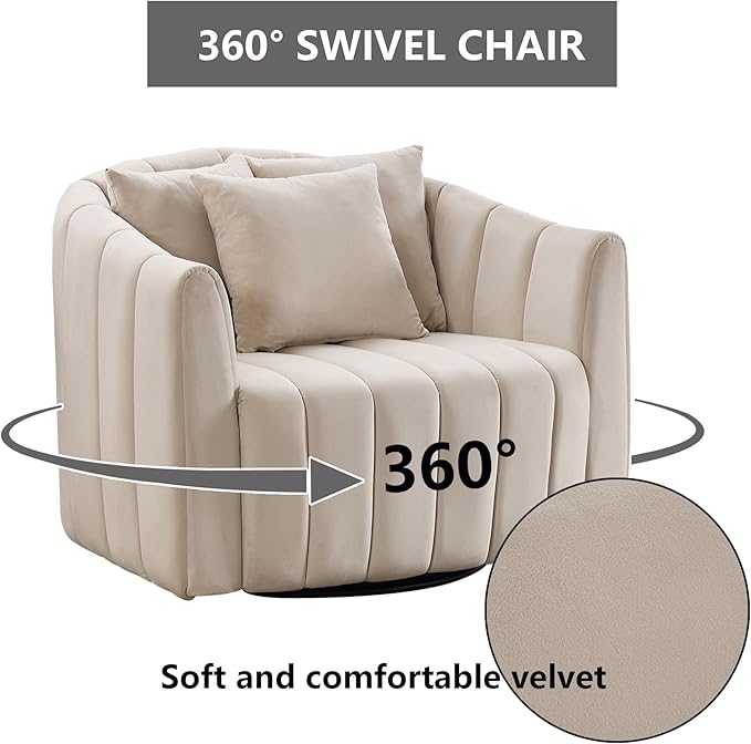Modern Accent Chair with 3 PillowsBeige Swivel Barrel Chairs for Living RoomOversized Barrel Chair 360 (Beige + Velvet)