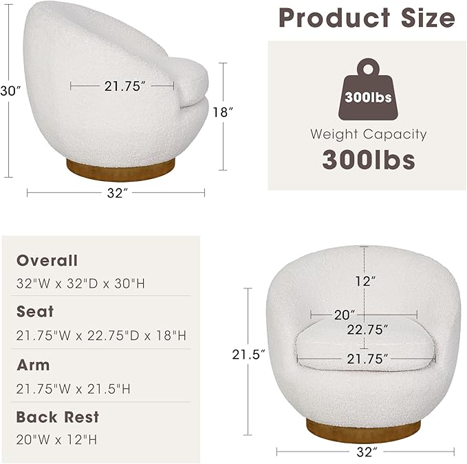 Ink+Ivy Jessel Swivel Accent Chair – Barrel Back Design Sherpa Upholstery 360-Degree Wood Base Modern Lounge Seating for Living Room or Bedroom 32 W Cream