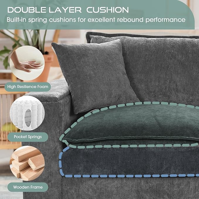 97 5 Seater L Shaped Couch Corner Sofa Oversized Cloud Couch with 2 Pillows Chenille Modular Sectional Sofa Armrests with Two Hidden Storage Space Sectional Couches for Living Room Dark Grey