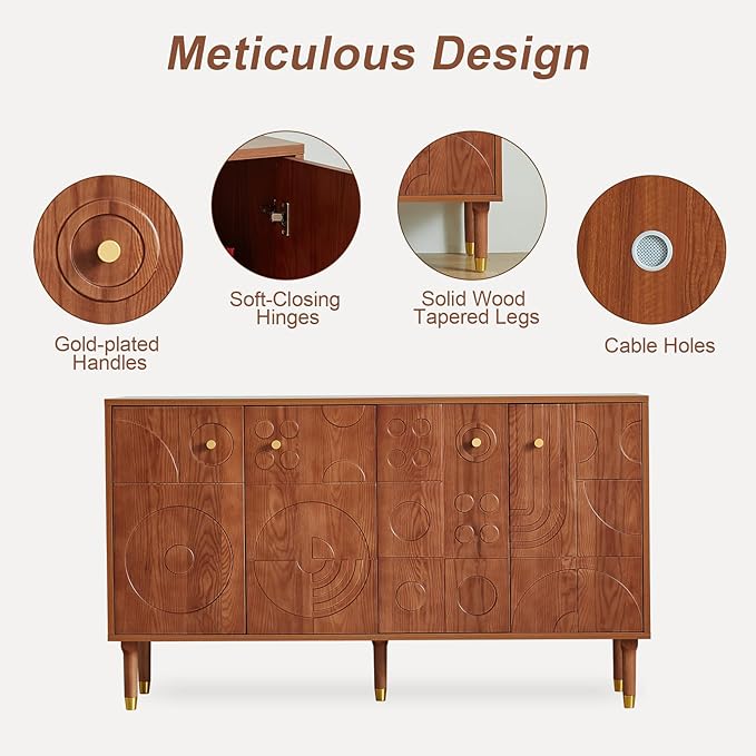 Modern TV Stand for 65 inch TV 59 Entertainment Center with Carved Geometric Doors TV Console with 4 Cabinet Storage Retro Art-Inspired Media Console for Living Room/Bedroom - Walnut