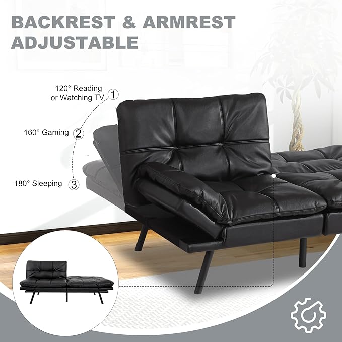 MUUEGM Futon Sofa Bed Convertible CouchMemory Foam Futon Sofa CouchSleeper Futons Sofa CouchesSmall Splitback Modern Loveseat Sofa Bed for Living RoomOfficeApartmentFaux LeatherMatte Black.