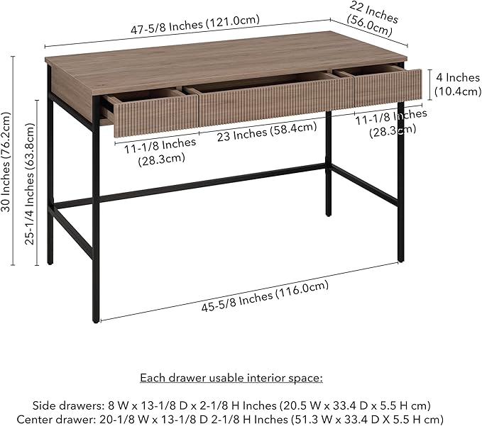 Henn&ampHart 48 Fluted Mid-Century Modern Rectangular Wooden Home Office Desk Computer Desk Writing Table with 3 Ribbed Storage Drawers for Bedroom Living Room or Home Office Weathered Gray