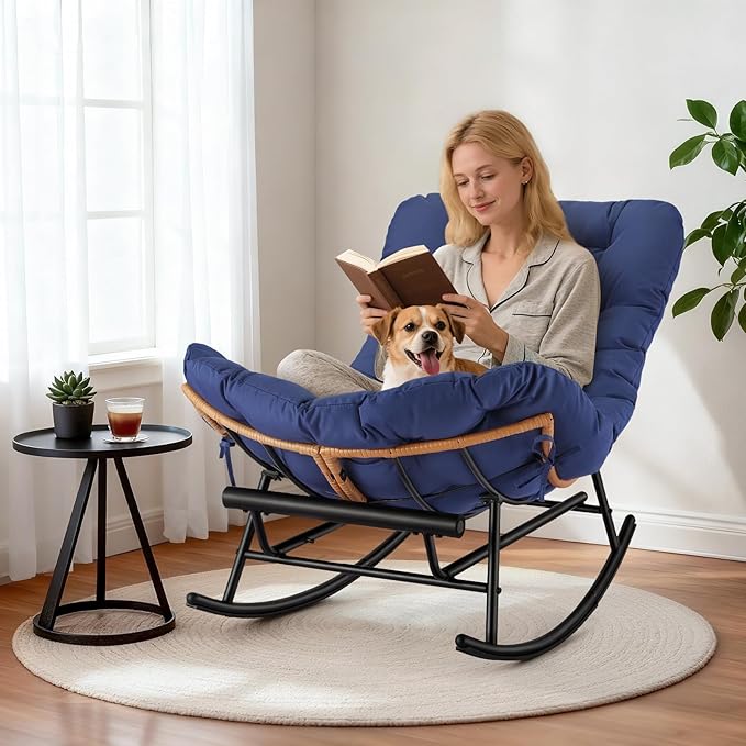 GAOMON Papasan Rocking Chair with Foot Rest Papasan Chair with Thick Removable Cushion and Metal Frame Lounge Chairs and PE Rattan Rocker for Patio Garden Lawn Living Room and Relaxation Space
