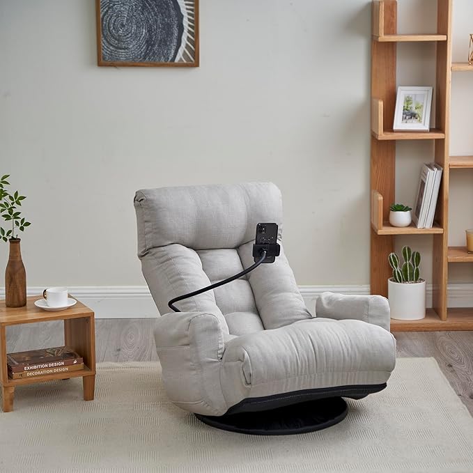 Gwen Upholstered 360° Swivel Chair Lounge Chair with Adjustable Backrest/Headrest Metal Frame Living Room Lounge Sofa and Phone Holder Comfy Bean Bag Chair Gray