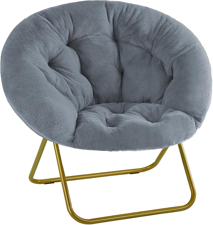 ScratchMe Saucer Chair Comfy Faux Fur Chair for Bedroom Saucer Chairs for Adults Teens Round Shaped Moon Chair with Foldable Metal Frame Grey