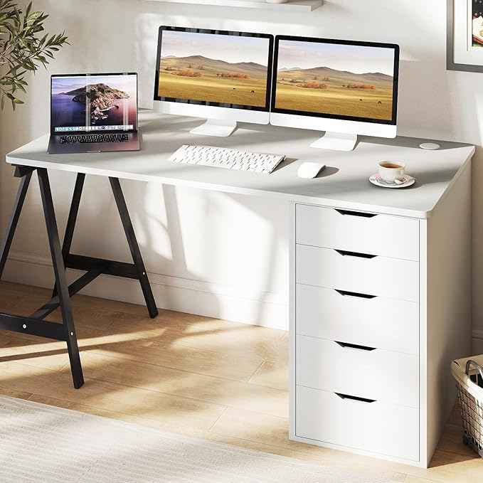 Tangkula Universal Wood Table Top 55” x 28” Solid One-Piece Desktop for Standard &amp Sit to Stand Desk Frame Rectangular Workbench Top Board with Cable Holes Countertop DIY Coffee Bar Tabletop
