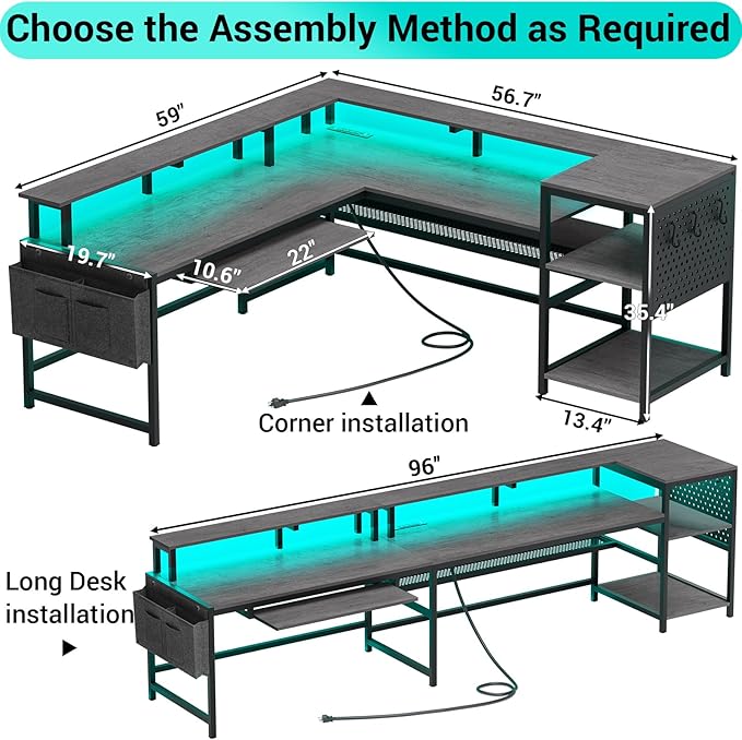 SEDETA L Shaped Gaming Desk Convertible 96 Home Office Desk or Corner Desk L Shaped Table with Power Outlets &amp LED Strip Monitor Stand Keyboard Tray Pegboard and Storage Shelves Grey