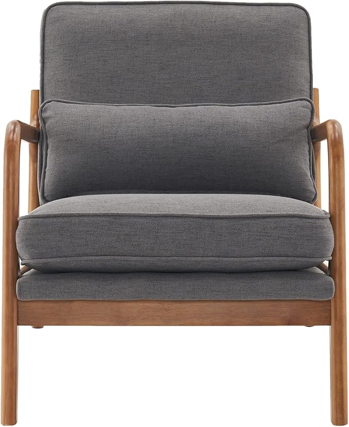 i-POOK Accent Chair Mid-Century Linen Fabric Upholstered Armchair with Pillow and Back Cushion Comfy Single Sofa Chair with Solid Wood Legs Reading Chair for Living Room Bedroom Office Dark Grey