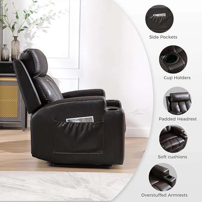 CANMOV Manual Recliner Chair with Massage and HeatBreathable Leather Recliner Chair with Armrest and Backrest Manual Reclining Single Sofa with 2 Cup Holders Side Pocket for Living RoomDark Brown