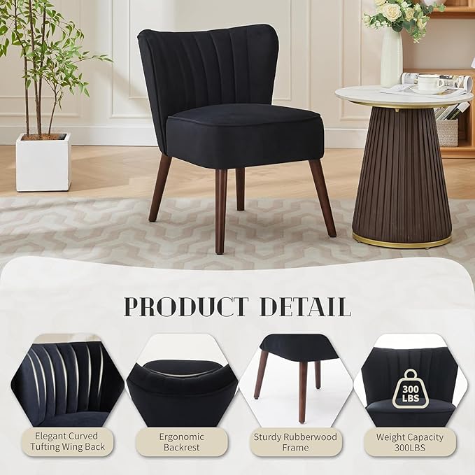 Modern Soft Accent Chair for Living Room - Armless Mid-Century Lounge Seating - Plain Wood Legs 300lb Capacity Comfortable Upholstery - Stylish Furniture for Bedroom Office or Vanity Black