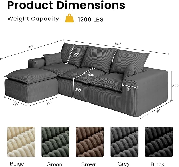 107 Cloud Modular Sectional Sofa for Living Room with Ottoman &amp L-Shaped Chaise No Assembly Required Deep Seat Couch in a Box.