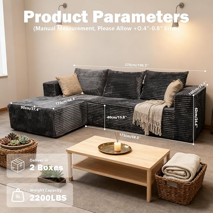 106-Inch Cloud Sectional Couch Couches for Living Room Corduroy Couch Highly Elastic Memory Foam Suitable for Living Room/Apartment/Bedroom (Gray to The Left)