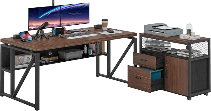 Tribesigns Office Desk with Drawers Sets 63 inches L Shaped Computer Desk with Mobile File CabinetBig Executive Desk for Home Office Furniture Sets (Dark Brown 63-inch)