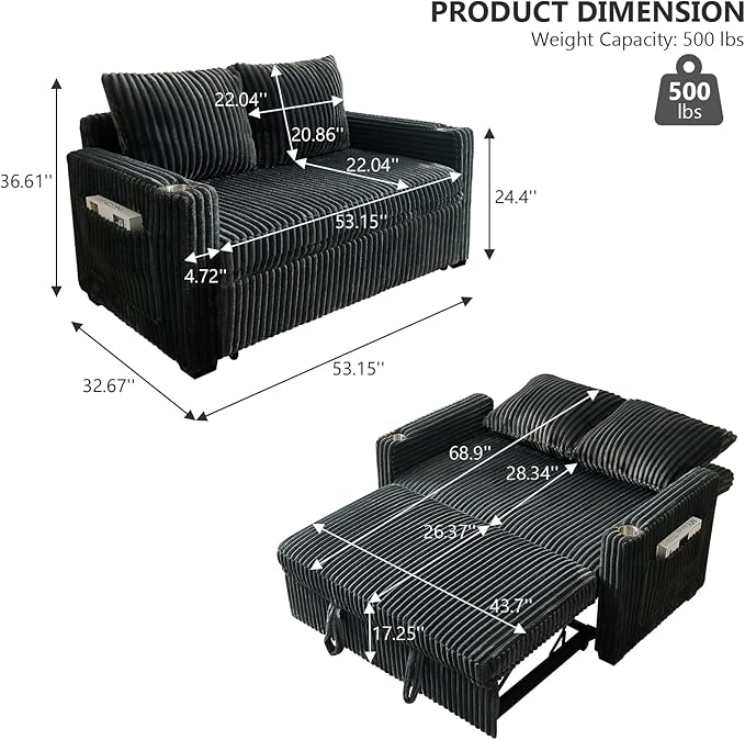 Hommoo Sleeper Sofa Couch with Pull Out Bed Convertible 3 in 1 Futon Lounge Sofa Small Love Seat for Living Room Apartment Comfy Corduroy Reclining Back with Cup Holder and USB Ports 53 Grey