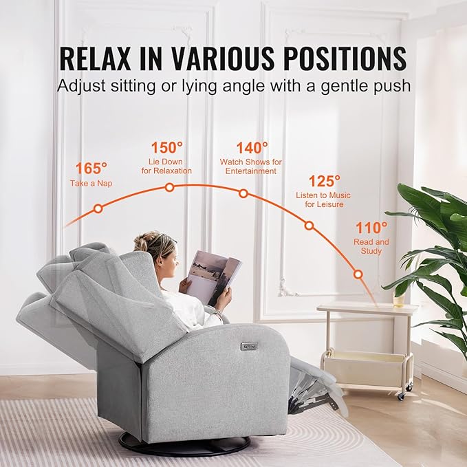Happybuy Electronic Power Recliner and Swivel Glider 250 lbs Weight Capacity Swivel Glider Recliner Chair with USB Port Polyester Surface Ideal for Living Room Bedroom Light Gray