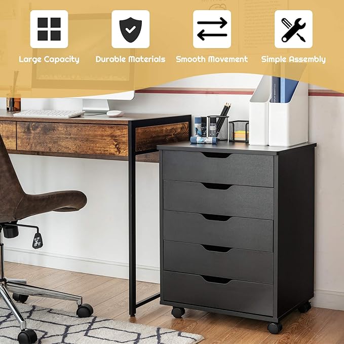 5 Drawers File Storage Cabinet 26.5 Vertical Filling Cabinet for Home Office Under Desk Office Drawer Organizer Universal &amp Lockable Casters Rolling Printer Storage Rack (Black)