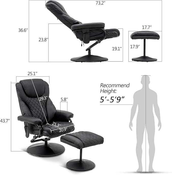 MCombo Recliner with Ottoman Reclining Chair with Massage 360 Swivel Living Room Chair Faux Leather 4901 (Black)