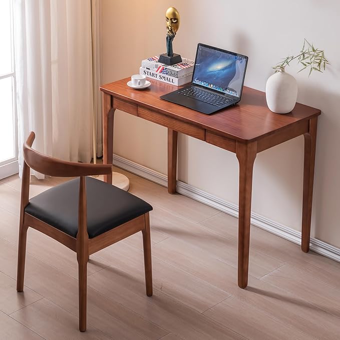 Solid Wood Desk with Drawers Home Office Desk for Small Spaces Gaming Work Study Desk Student PC Desk for Bedroom Easy to Assemble (Cherry Color 39.4 inch)