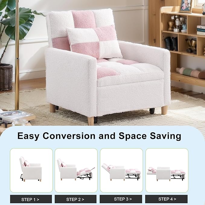 3-in-1 Sleeper Chair Bed for Living RoomConvertible Pull Out Chair Bed with Adjustable BackrestMulti-Functional Sofa Bed for Living Room (Pink)