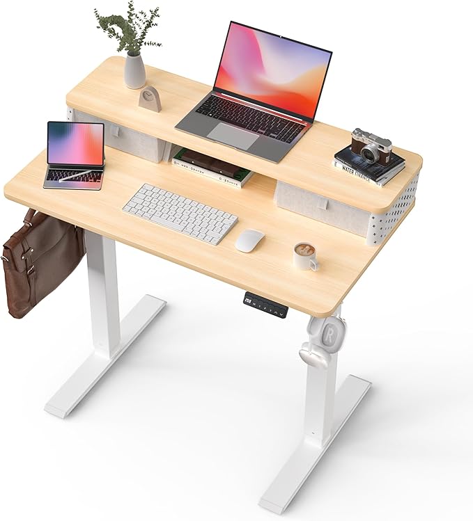 FiCiHi 40x24 Inch Standing Desk with Drawers C-Clamp Mount Compatible Electric Adjustable Height Computer Small Stand Up Desks Home Office Sit Stand Table with 3 Preset Heights Maple
