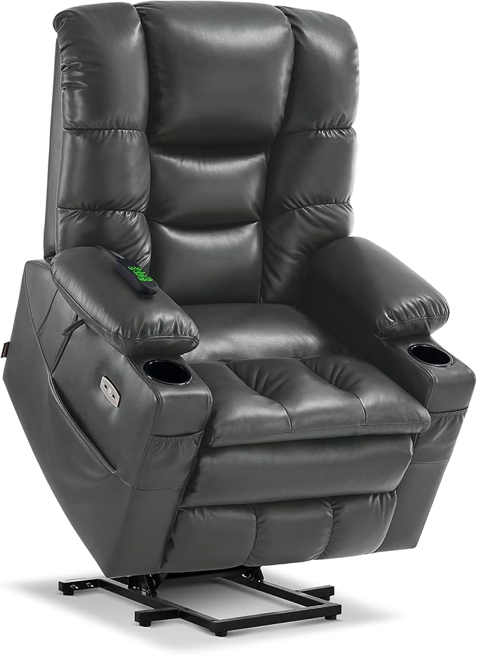 MCombo Large Triple Motor Power Lift Recliner Chair with Massage and Dual Heating Adjustable Headrest for Tall Elderly People Faux Leather 7634 (Dark Grey Large)