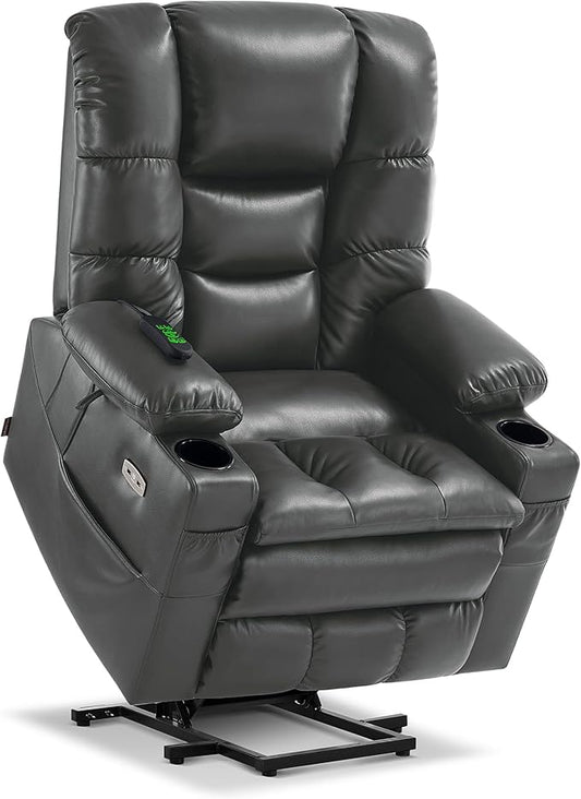 MCombo Large Triple Motor Power Lift Recliner Chair with Massage and Dual Heating Adjustable Headrest for Tall Elderly People Faux Leather 7634 (Dark Grey Large)