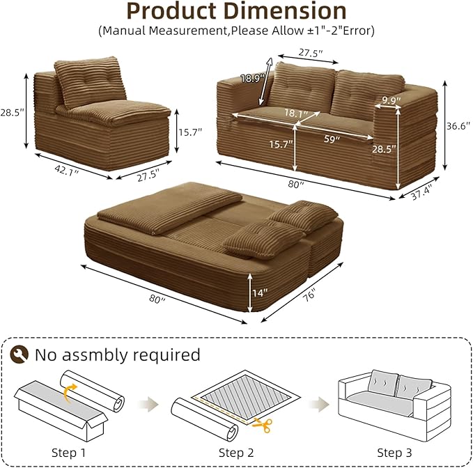 Convertible Sectional Folding Sofa Bed 80 Futon Floor Couch with Accent Chaise Modular Sleeper Loveseat Boneless Cloud Corduroy Couches for Living Room Guest Room No Assembly Required Camel