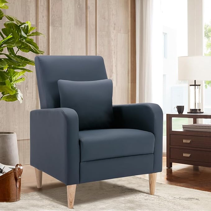 COLAMY Faux Leather Accent Living Room Chairs Set of 2 Upholstered Arm Chair Reading Side Chair Single Sofa with Back Pillow and Wood Legs L-Blue