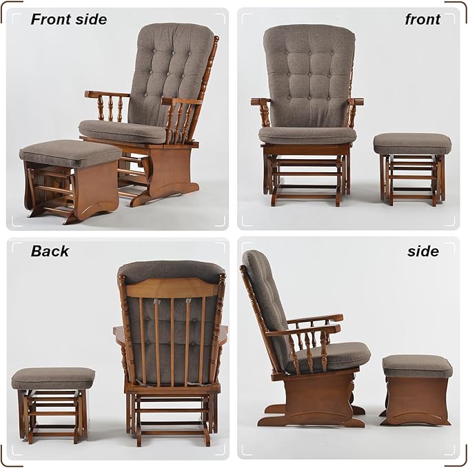 Anti-Pinch Solid Wood Hand Glider Rocking Chair Set with Ottoman Padded Cushion Rustic Rubber Wood Nursery Glider for Nursing Relaxing Living Room Bedroom Oak Colored