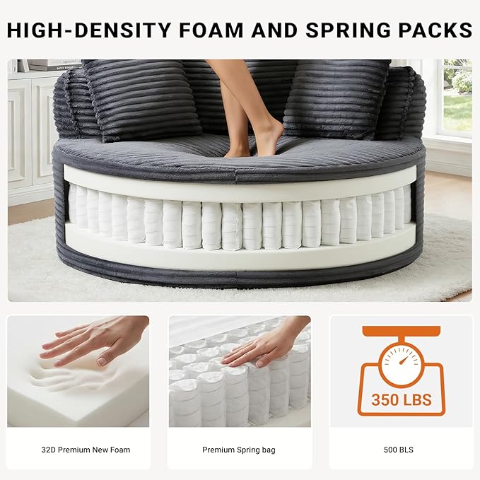 54-inch Oversized Round Chaise Longue Chair Indoor Modern Upholstered Corduroy Deep Seat Circle Cloud Chair Single Boneless Reading Chair for Living Room Bedroom Apartment Gray
