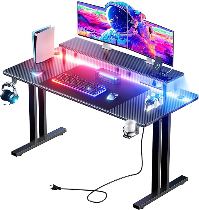 HLDIRECT 63 Inch Gaming Desk with 5 Sockets &amp LED Lights Computer Gamer Desk with Monitor Stand Ergonomic Carbon Fiber Gaming Table Home Office Desk with Cup Holder Headphone Hook &amp Mouse P