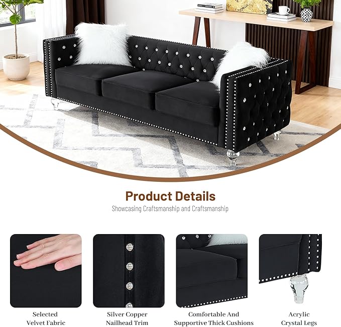 Luxury 3 Seater Sofa Couch with Acrylic Crystal LegsChesterfield 3-Seater SofasModern 83 Diamond Button Tufted 3 Seat Couches with Silver Nailhead Trim for Living Room (Black 3 Seater)