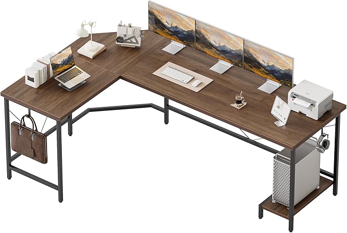 Mericonia 66 inch Large L Shaped Desk Simple Corner Gaming Desk with CPU Stand &amp Hooks Computer Desk for Home Bedroom &amp Office Workspace Walnut