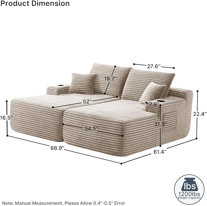 69 Oversized Boneless Sofa Bed Double Chaise Lounge Chair Indoor Plush Corduroy Sectional Couches for Living Room Comfy Cloud Couch No Assembly(Camel)
