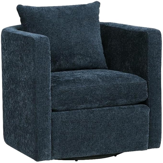 Pemberly Row Modern Navy Blue Fabric Swivel Barrel Accent Chair 32 in x 31.5 in x 31 in Upholstered Polyester Stain-Resistant Reversible Cushions Comfortable for Living Room or Study Use