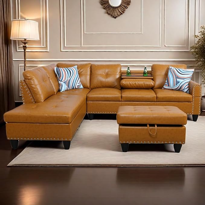 L Shaped Sectional Couch with Storage Ottoman Modern Nailhead Comfy Lounge Sofa with Reversible Cup Holder &amp Chaise 97 4 Seat Modular Sofá for Living Room Apartment Ginger