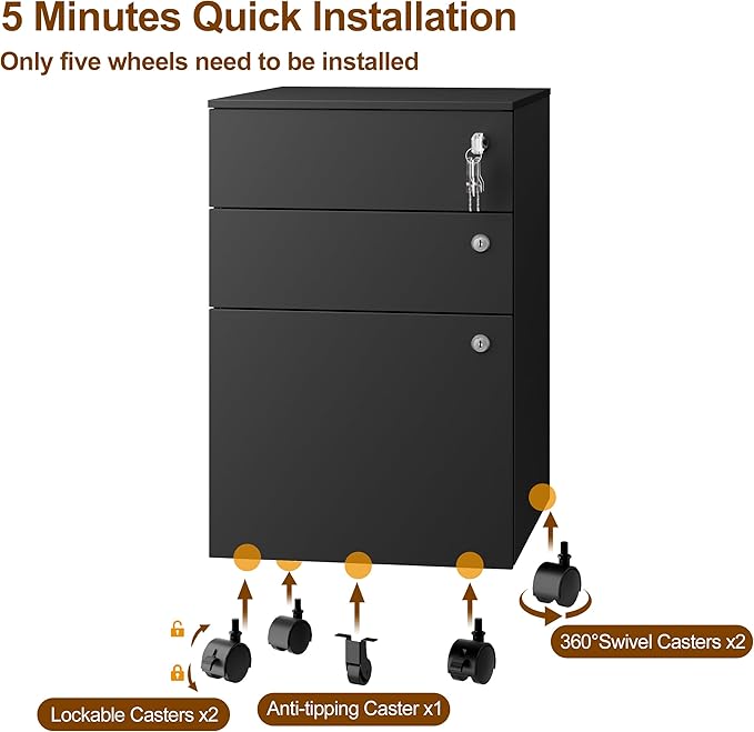 3 Drawers File Cabinet with 3 Lock Mobile Metal Filing Cabinet Fully Assembled Except Casters for Home Office for A4 Letter Legal File Folders Black